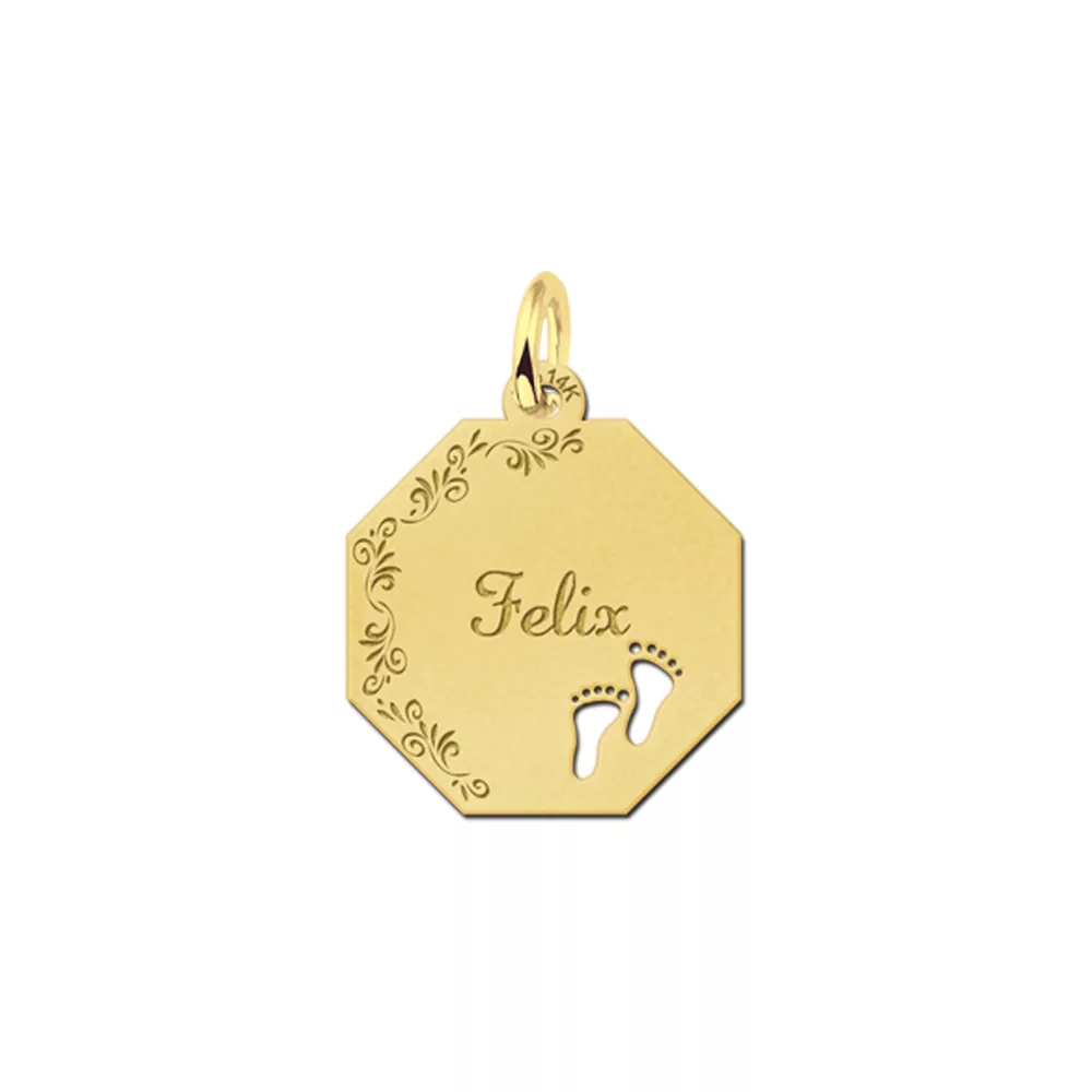 Gouden hanger achthoek met voetjes en bloemenrand – 17 x 17 mm – Small