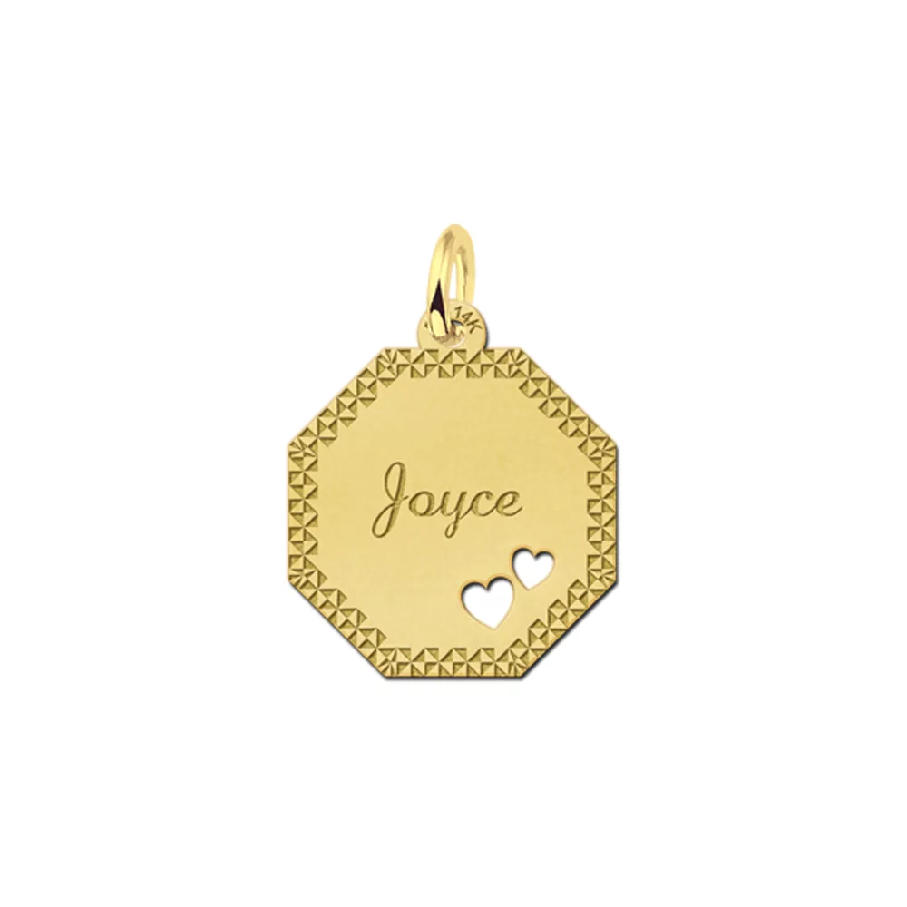 Gouden hanger achthoek met hartjes sierrand – 17 x 17 mm – Small