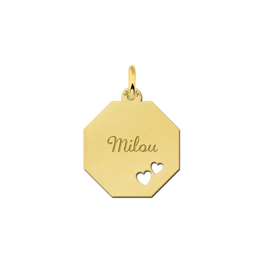 Gouden hanger achthoek met hartjes – 17 x 17 mm – Small