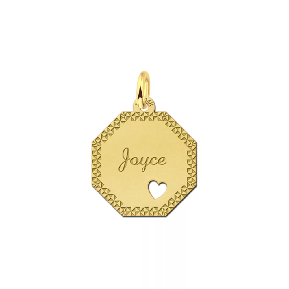 Gouden hanger achthoek met hart sierrand – 17 x 17 mm – Small