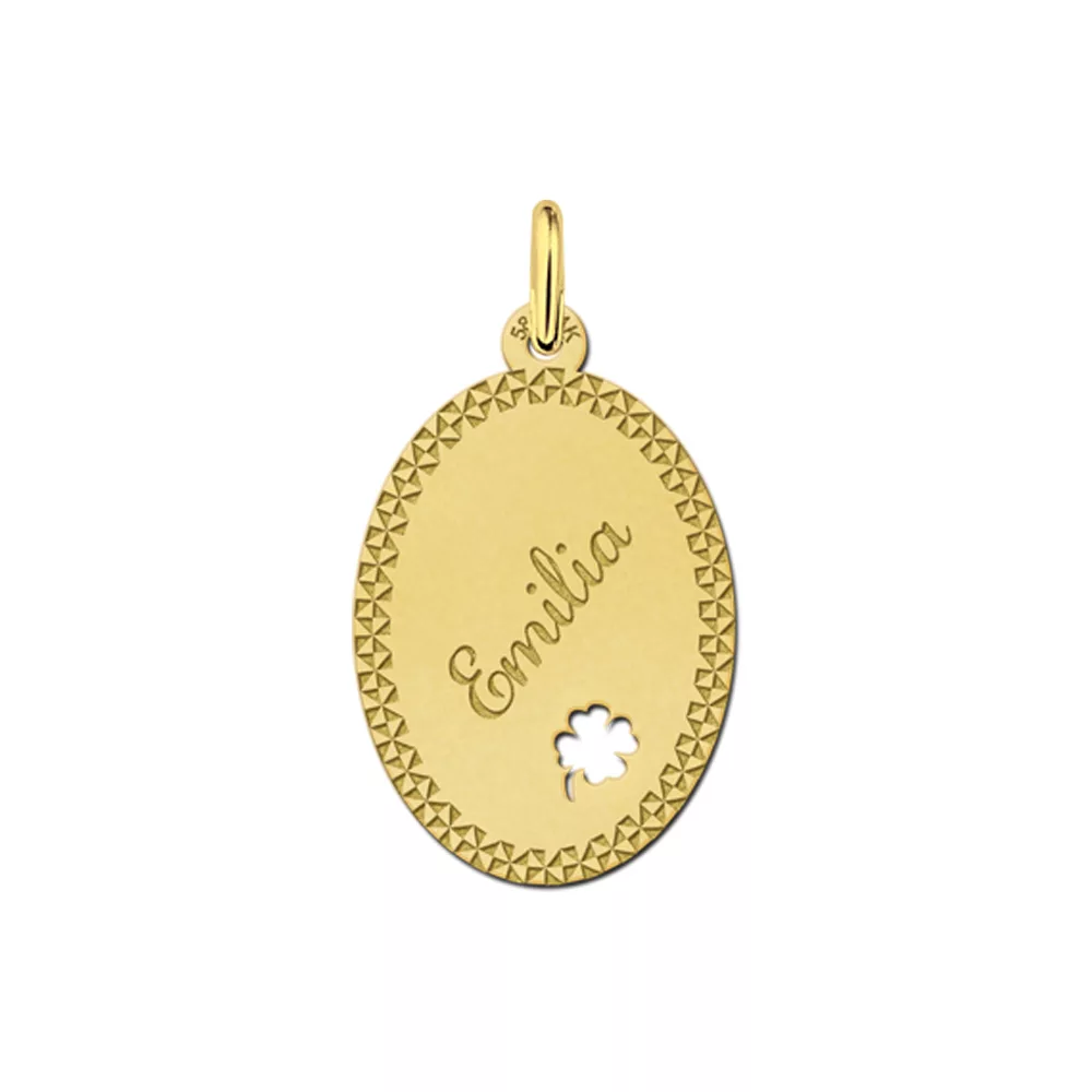 Gouden hanger ovaal met klaver sierrand – 16 x 22 mm – Large
