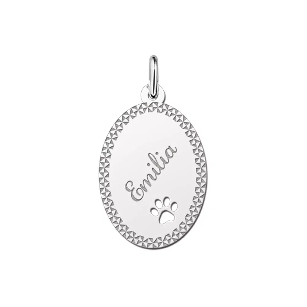 Zilveren hanger ovaal hondenpootje sierrand – 16 x 22 mm – Large
