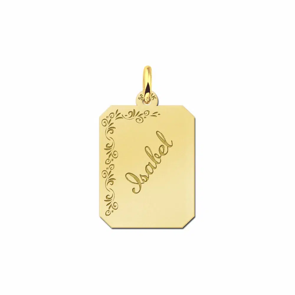 Gouden dogtag rechthoek hanger met bloemrand plain – 16 x 20 mm – Large