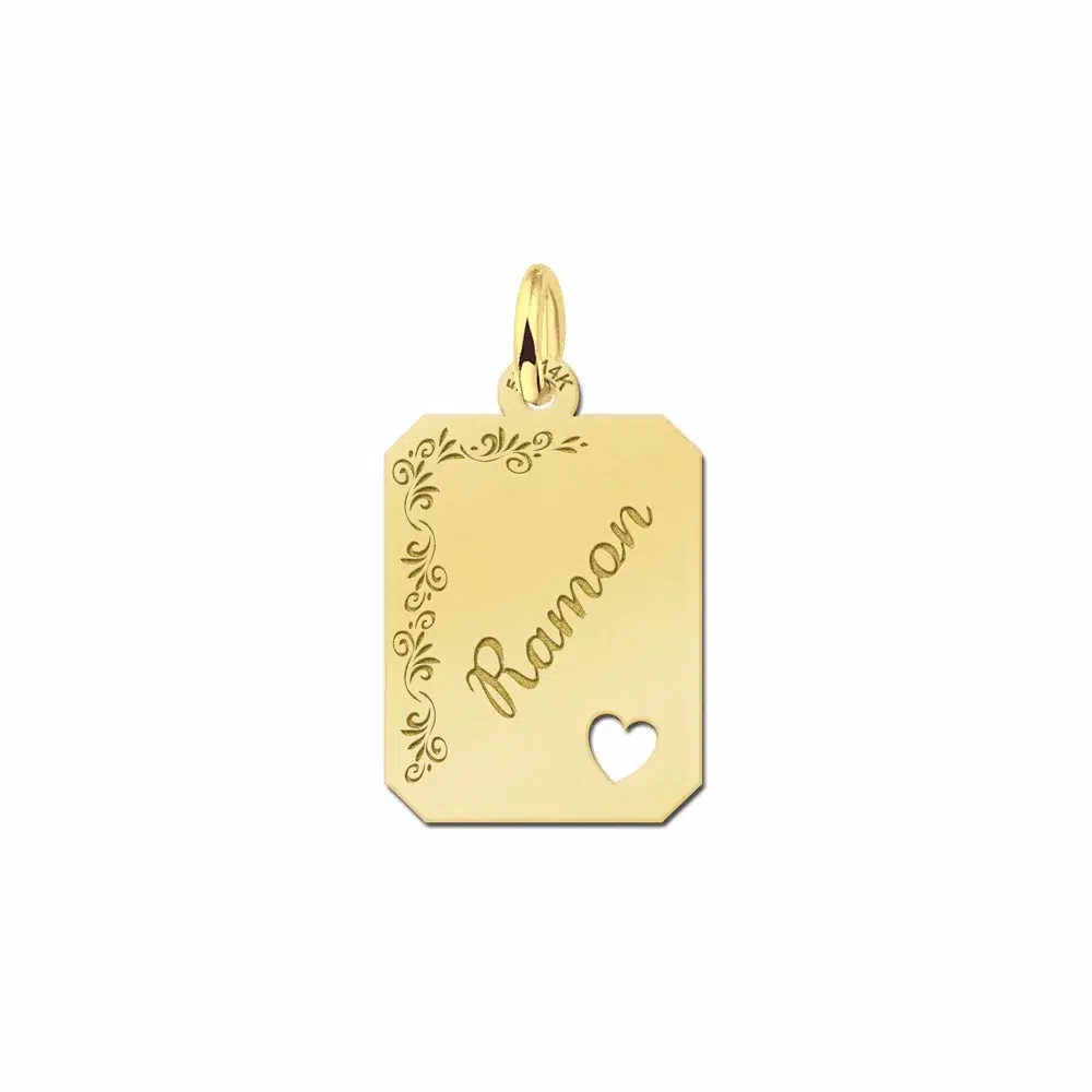 Gouden dogtag rechthoek hanger bloemrand en hartje – 14 x 18 mm – Small