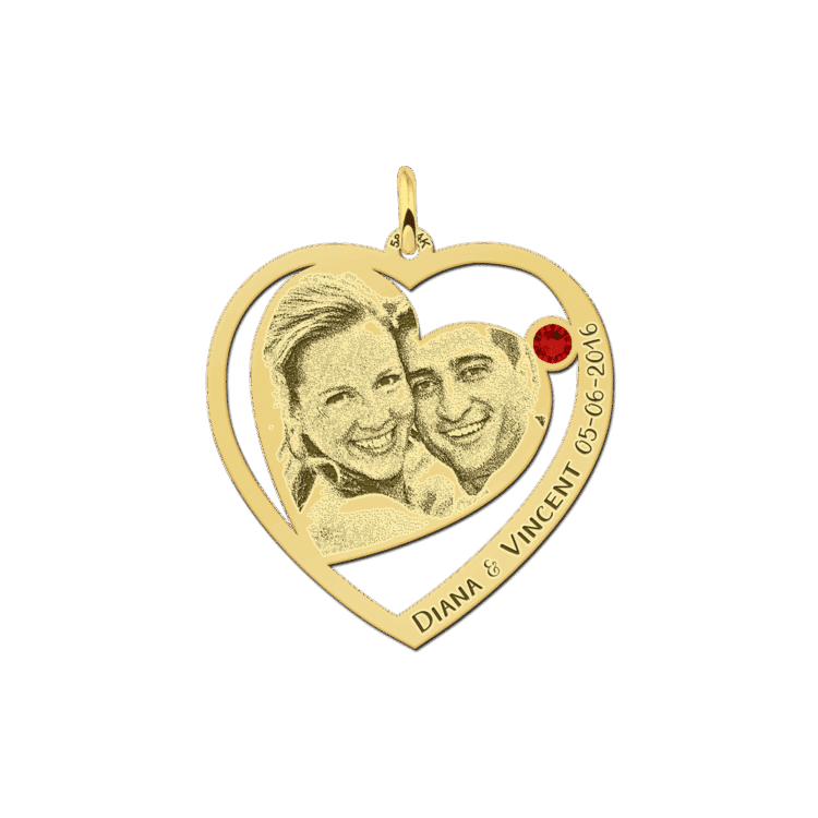 Gouden Hanger met foto hartje geboortesteen en tekst - 30mmx31mm