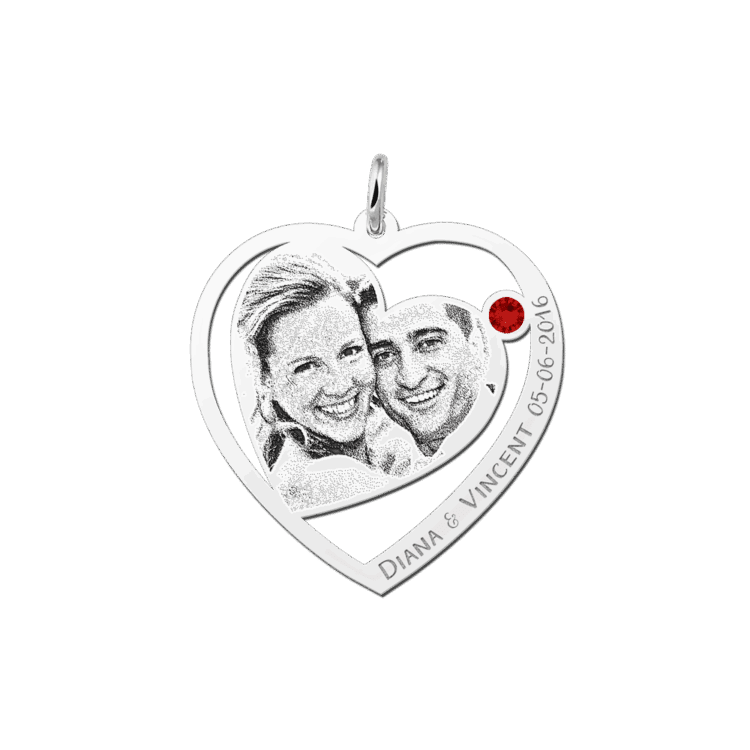 Zilveren Hanger met foto hartje geboortesteen en tekst