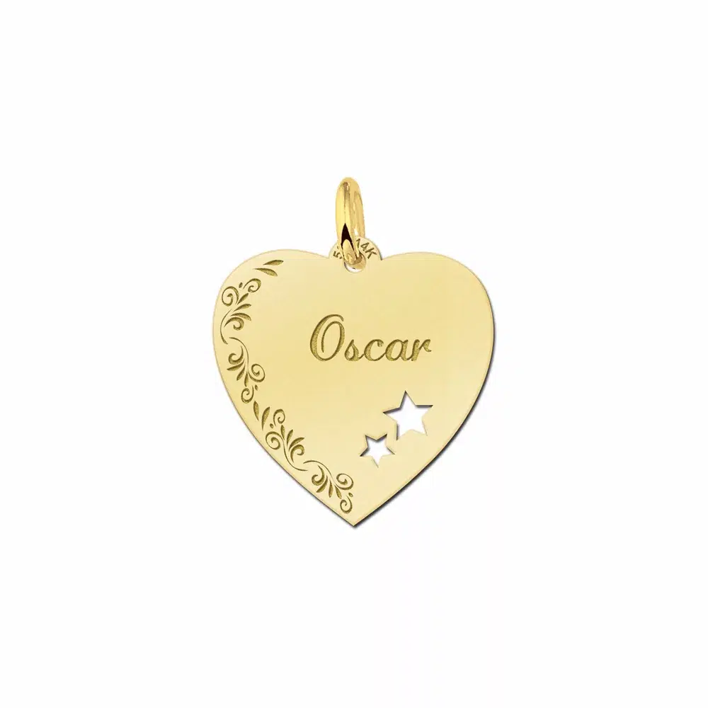 Gouden hanger hart met bloemrand en sterretjes - 19x19cm - Large