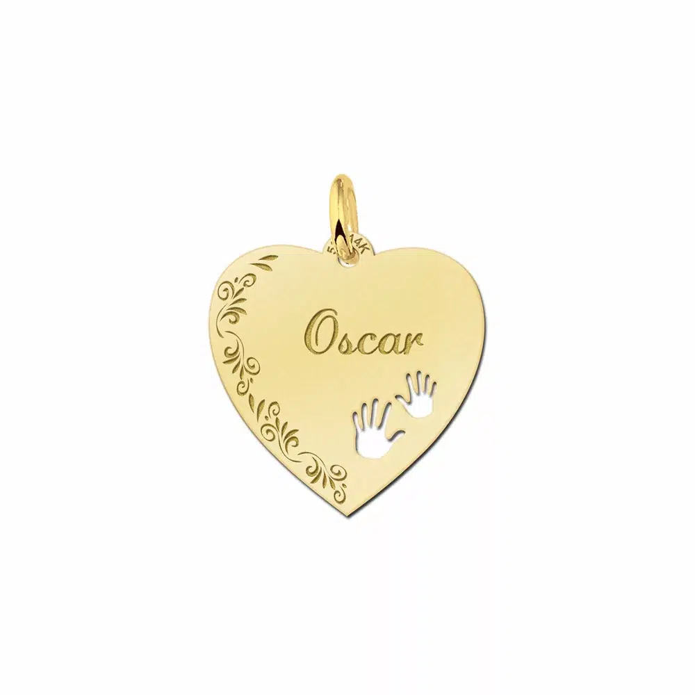 Gouden hanger hart met bloemrand en handjes - 19x19MM - Large