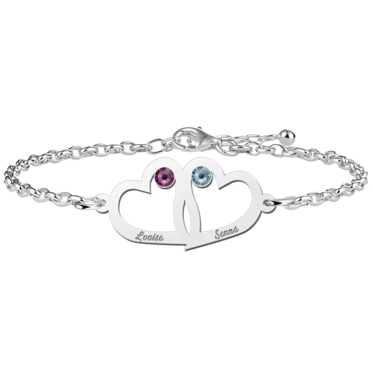 Gegraveerde Hartjes armband moeder en dochter van zilver met geboortestenen