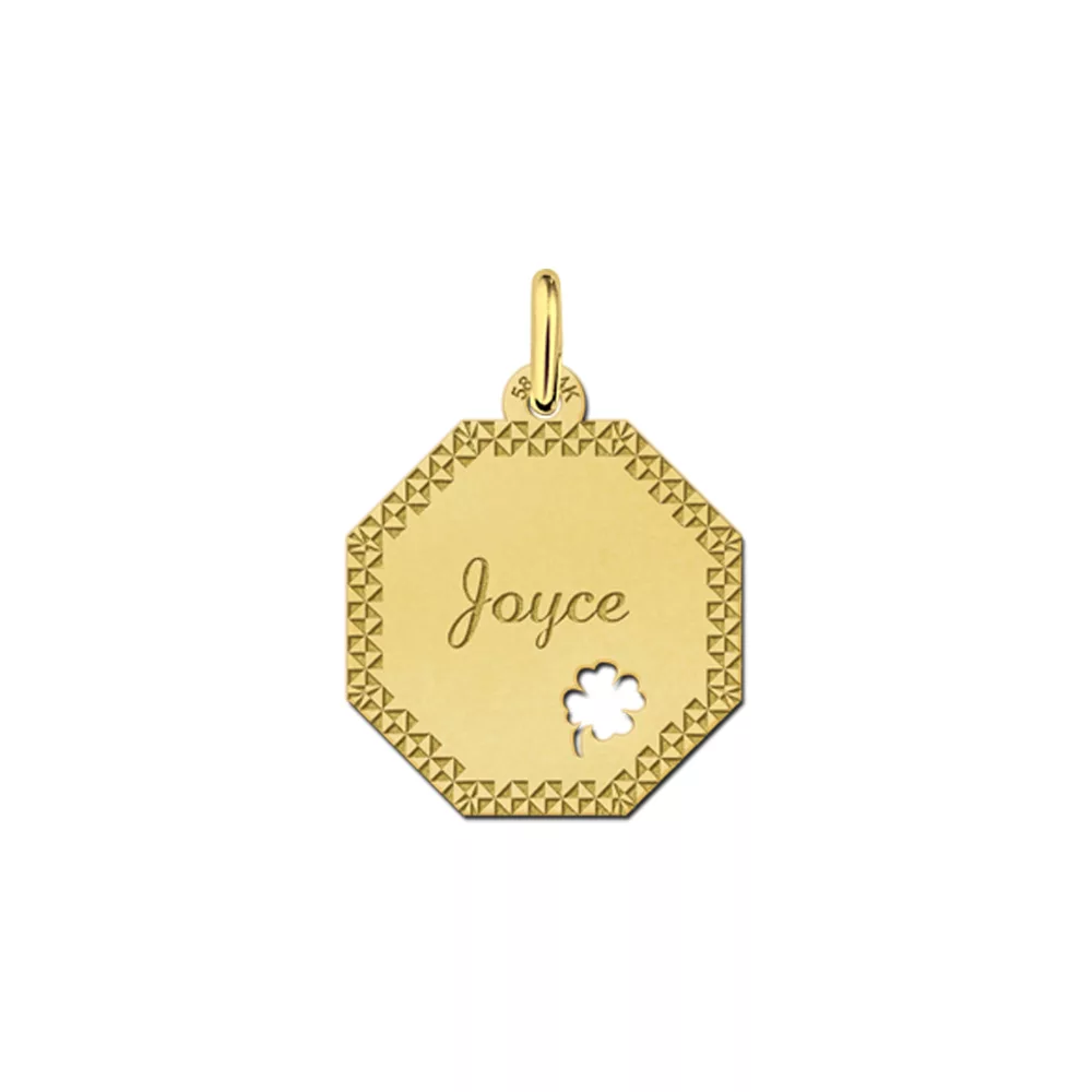 Gouden hanger achthoek met klaver en sierrand – 17 x 17 mm – Small