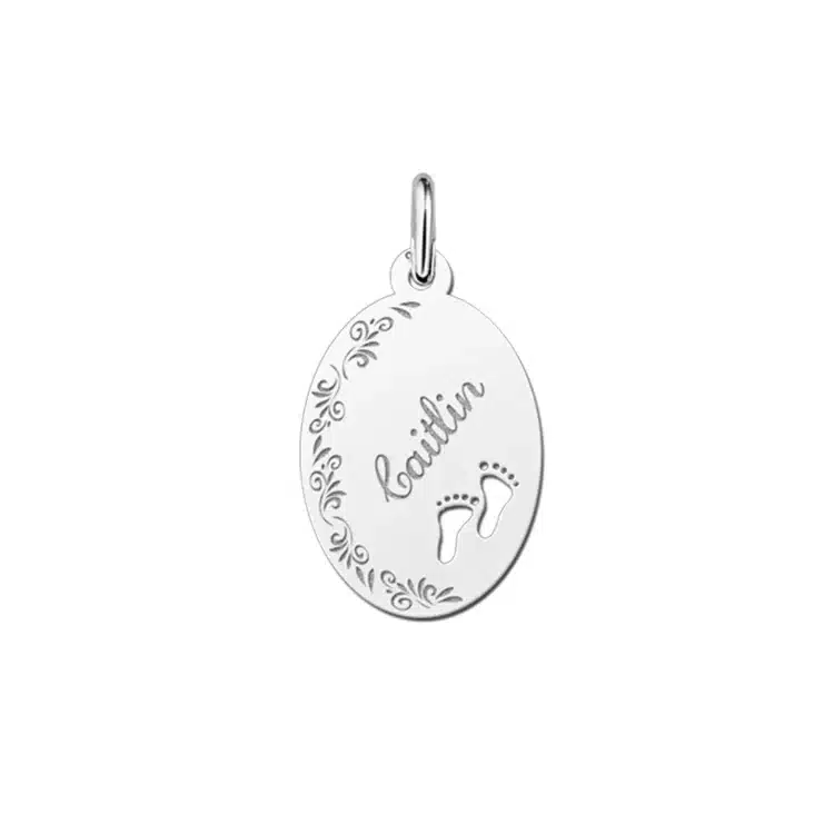 Zilveren hanger ovaal met voetjes en bloemrand - 14 x 19 mm - Small