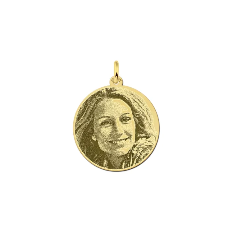 Gouden Hangertje met foto rond gegraveerd - Medium 23,5MM