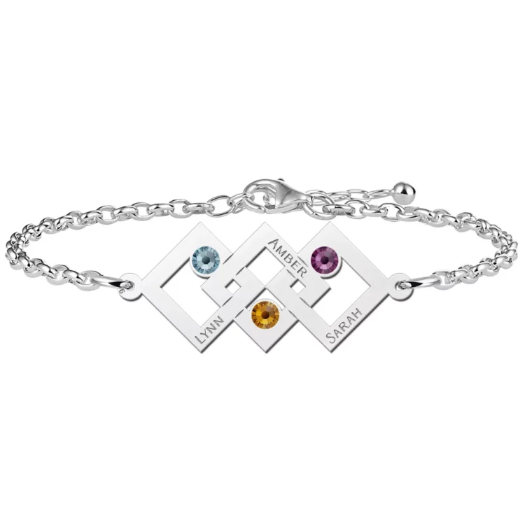 Gegraveerde Moeder dochter armband zilver drie rechthoeken en geboortesteen
