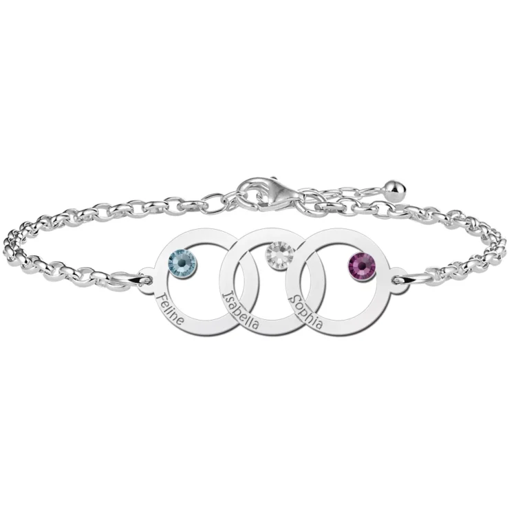 Gegraveerde Moeder dochter armband zilver met drie rondjes en geboortesteen