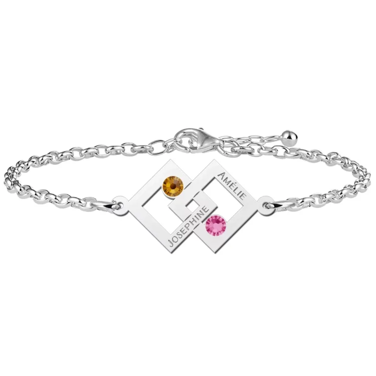 Gegraveerde Moeder dochter armband zilver twee rechthoeken en geboortesteen