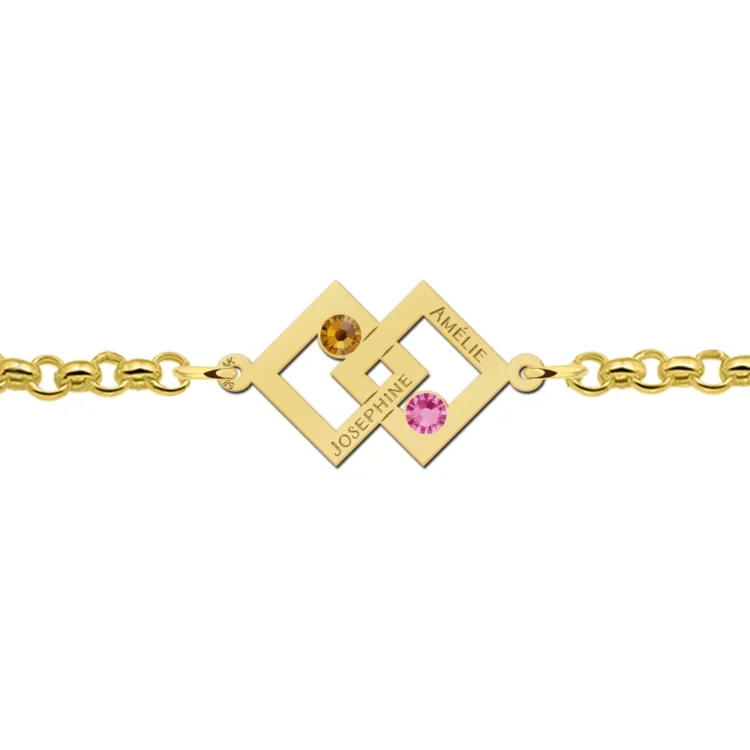 Gegraveerde Moeder-dochter-armband goud twee rechthoeken en geboortestenen