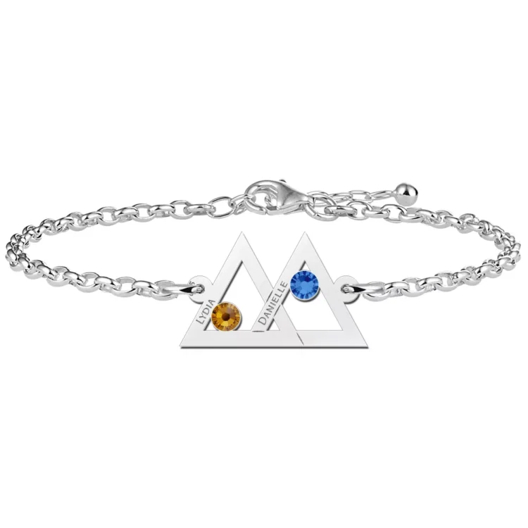 Gegraveerde Moeder-dochter-armband zilver twee driehoeken en geboortesteen