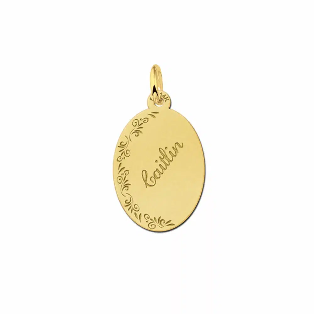 Gouden hanger ovaal bloemetjesrand – 14 x 19 mm – Small