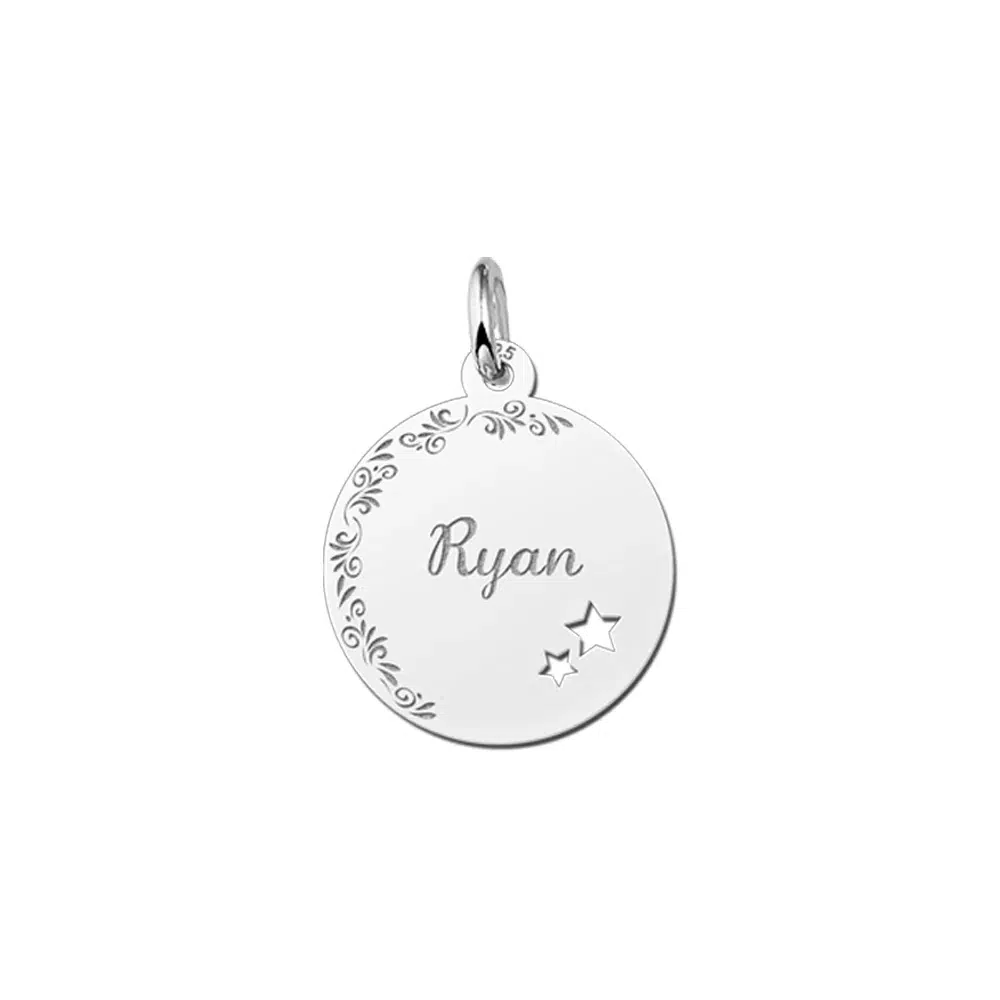 Zilveren hanger rond met sterretjes bloemetjesrand – 17 x 17 mm – Small