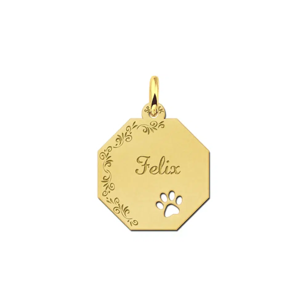 Gouden hanger achthoek met pootje en bloemetjesrand – 17 x 17 mm – Small