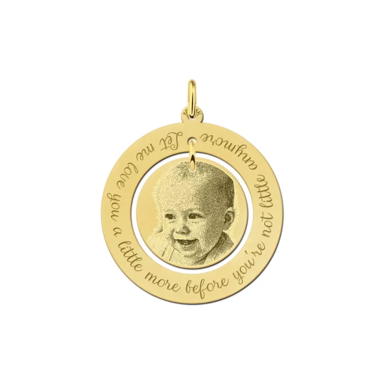 Ronde hanger met foto en tekst goud gegraveerd
