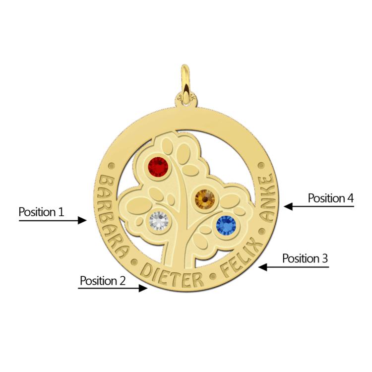 Gegraveerde Stamboomhanger van goud met geboortesteen Gegraveerd