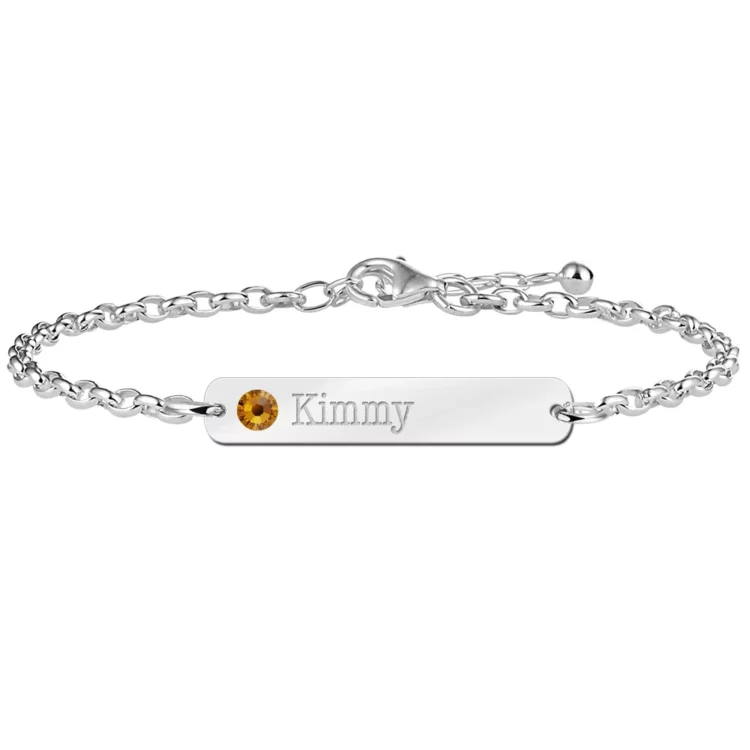 Gegraveerde Zilveren bar armband met naam en geboortesteen