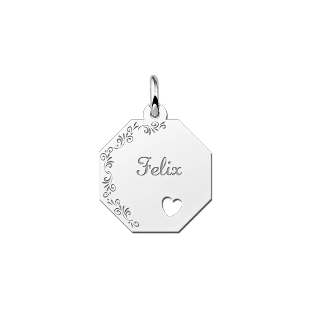 Zilveren hanger achthoek met hart bloemetjesrand – 17 x 17 mm – Small