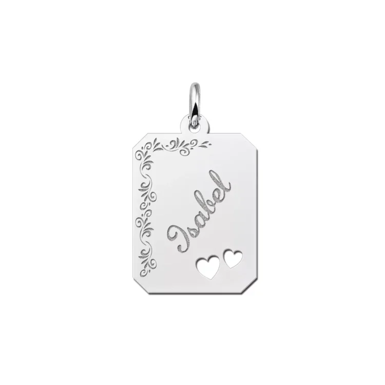 Zilveren dogtag rechthoek hanger met bloemrand en hartjes – 16 x 20 mm – Large