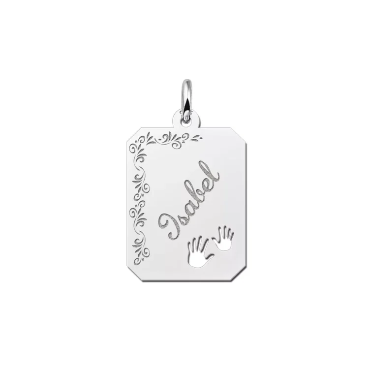 Zilveren dogtag rechthoek hanger met bloemrand en handjes – 16 x 20 mm – Large