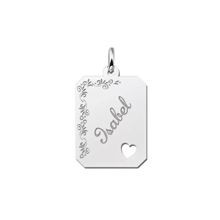 Zilveren dogtag rechthoek hanger met bloemrand en hartje – 16 x 20 mm – Large