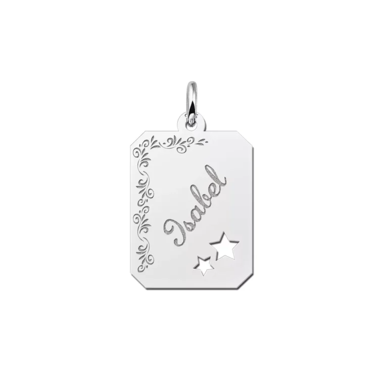 Zilveren dogtag rechthoek hanger met bloemrand en sterretjes – 16 x 20 mm – Large