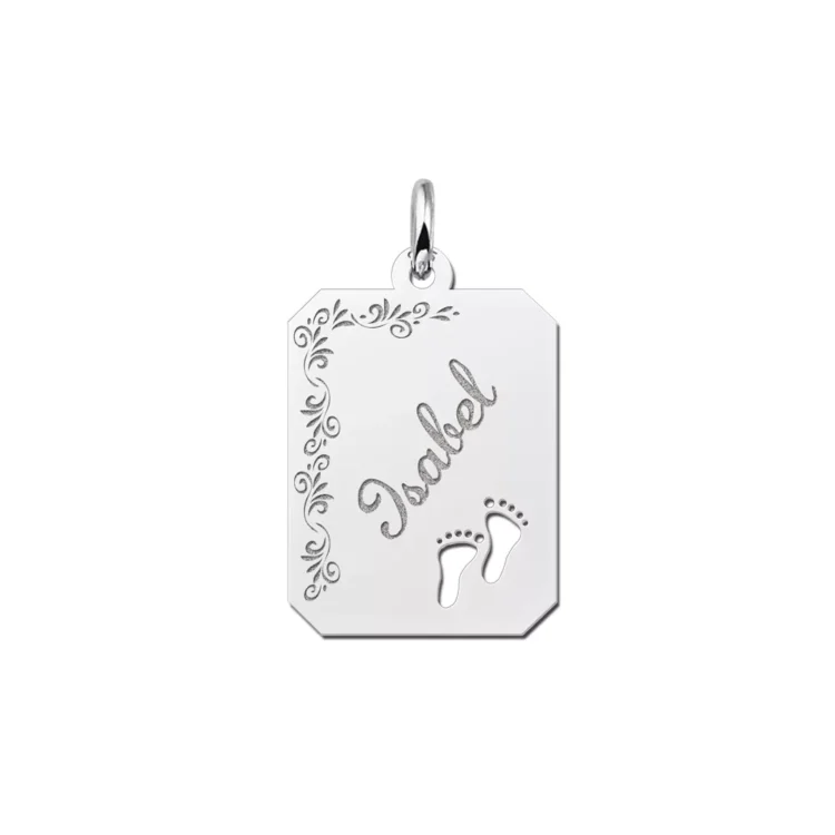 Zilveren dogtag rechthoek hanger met bloemrand en voetjes – 16 x 20 mm – Large