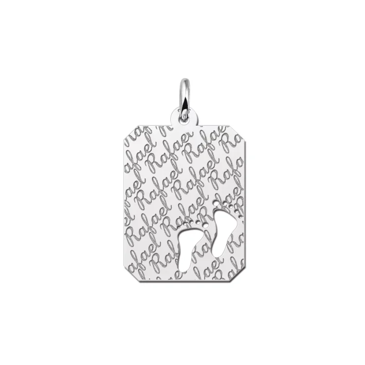 Zilveren dogtag rechthoek hanger met repeat en voetjes – 16 x 20 mm – Large
