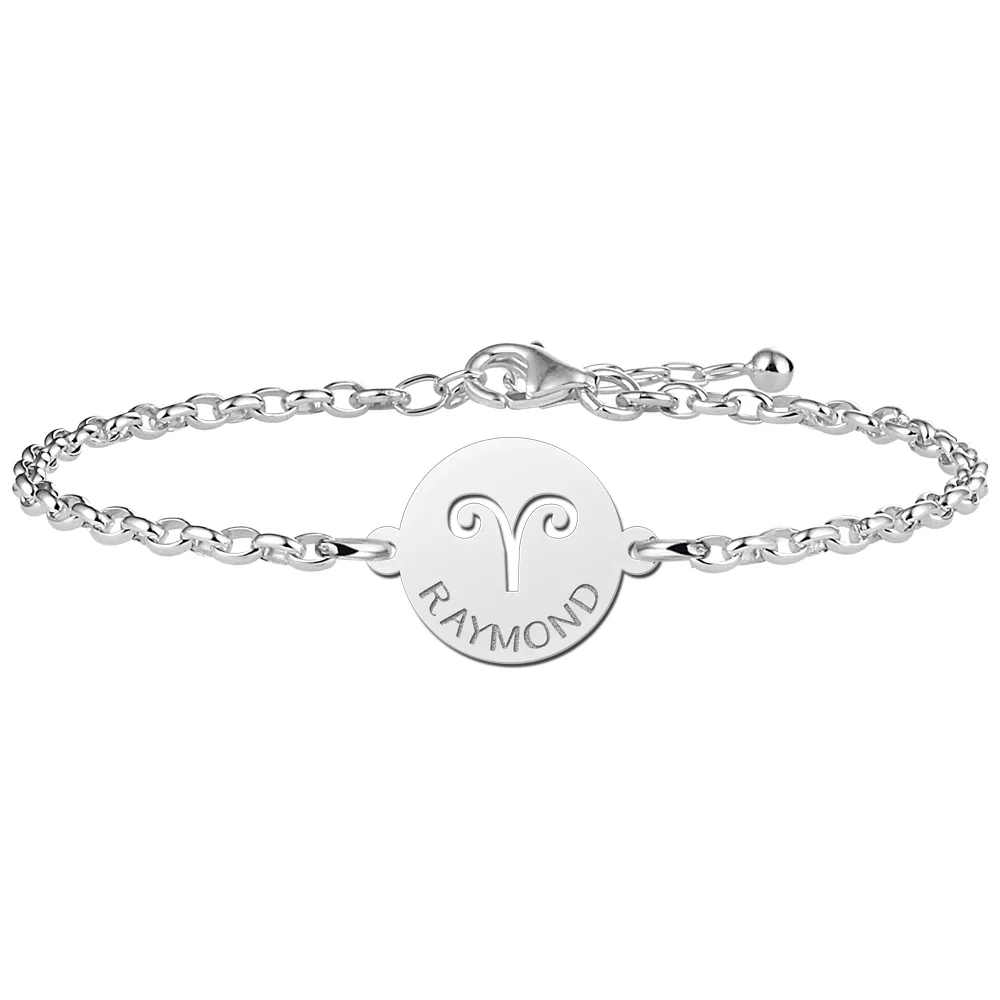 Gegraveerde Zilveren sterrenbeeld armband rond Ram