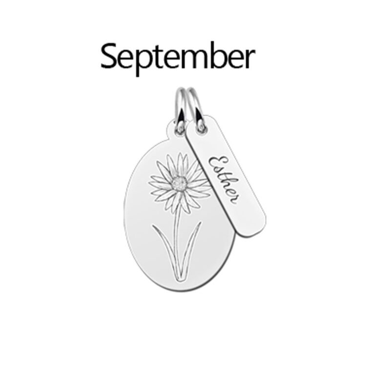 Zilveren geboortebloem hanger met naam - September - Aster
