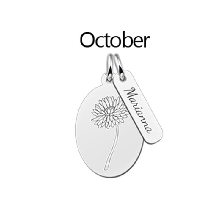 Zilveren geboortebloem hanger met naam - Oktober - Goudsbloem