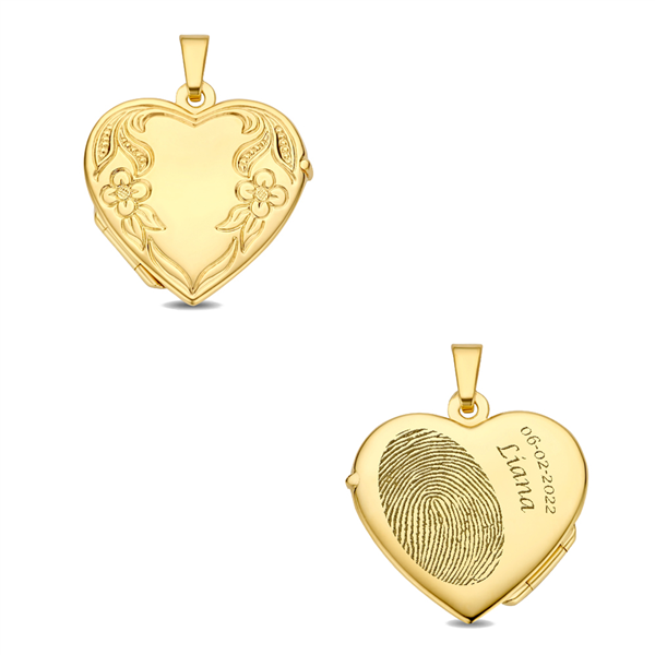 Gouden Medaillon hart met bloemen en gravure - Names4ever
