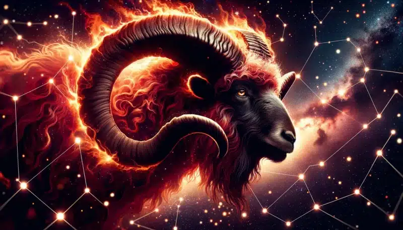 Artistieke illustratie van het sterrenbeeld Ram, compleet met de symbolische hoorns en sterrenconstellatie, perfect voor iedereen die geïnteresseerd is in astrologie.