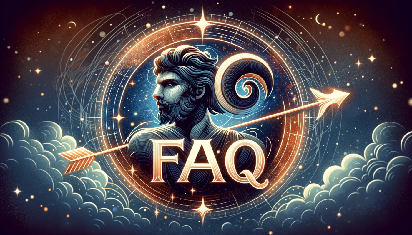 Artistieke weergave van het sterrenbeeld Boogschutter voor FAQ-sectie, met 'FAQ' tekst prominent in een mystieke, sterrenhemel achtergrond.