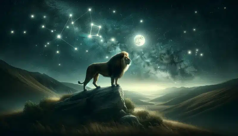 Majestueuze leeuw op rotsformatie onder sterrenhemel met Leo constellatie