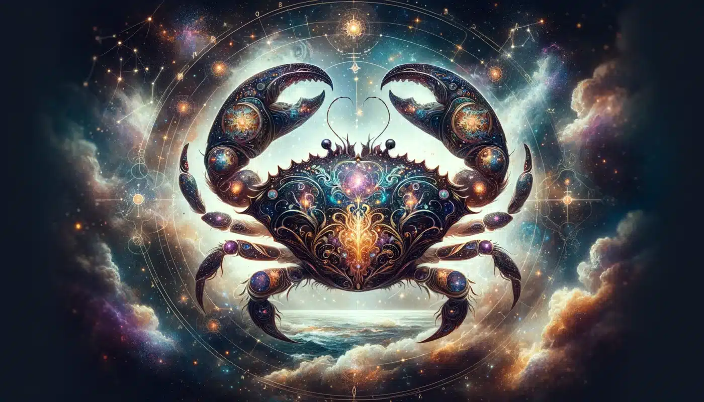Artistieke afbeelding van het sterrenbeeld Kreeft, met de iconische Kreeft omringd door sterren en nevels tegen een kosmische achtergrond, symboliserend de mystieke en intuïtieve aard van het teken.