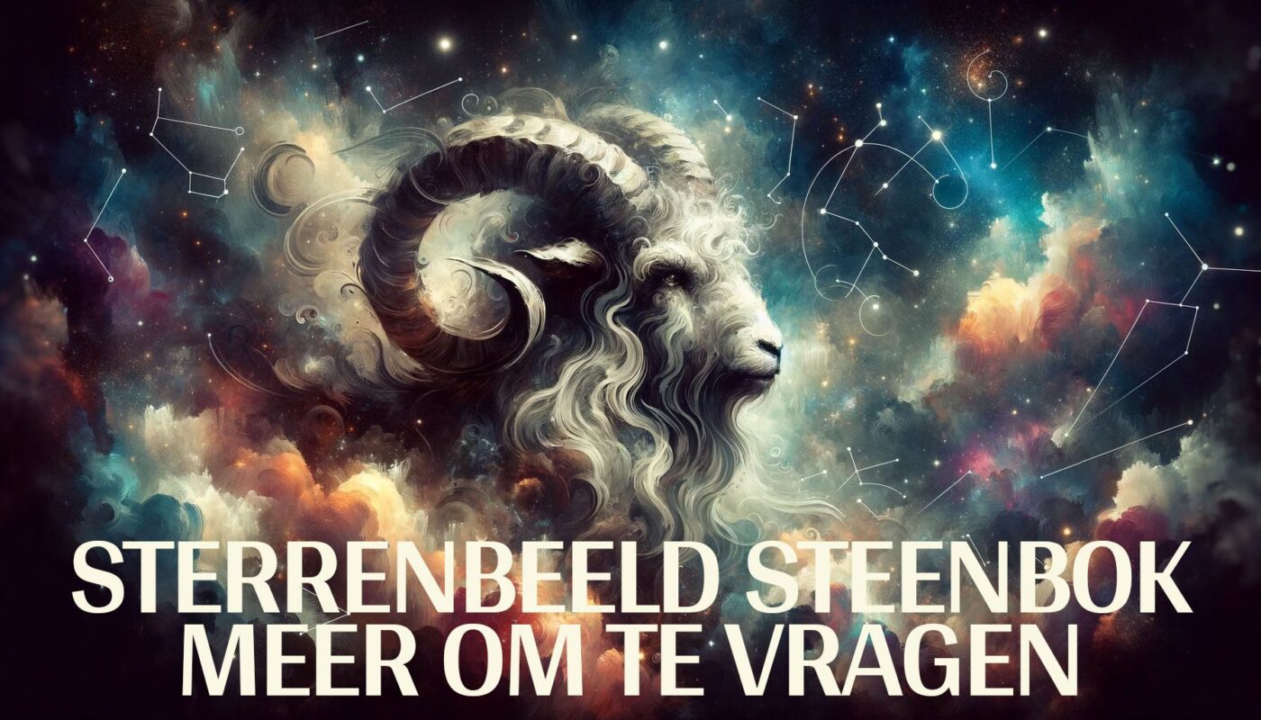 Artistieke weergave van het sterrenbeeld Steenbok met mystieke en astrologische elementen tegen een sterrenhemel, met de tekst 'Sterrenbeeld Steenbok - Meer om te Vragen