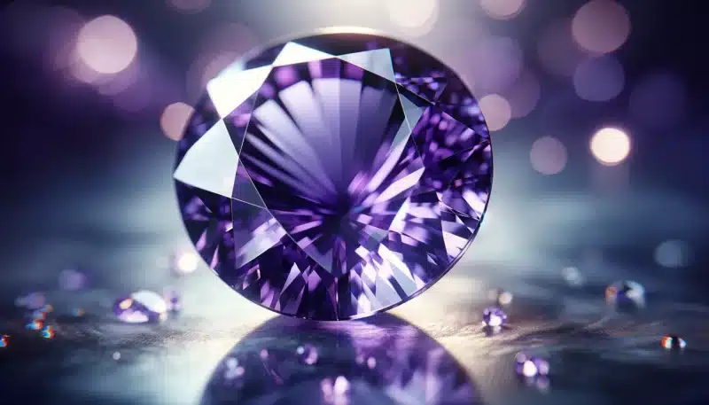Close-up van een amethist, de geboortesteen van februari, met een diepe violet tint en licht lavendel reflecties.