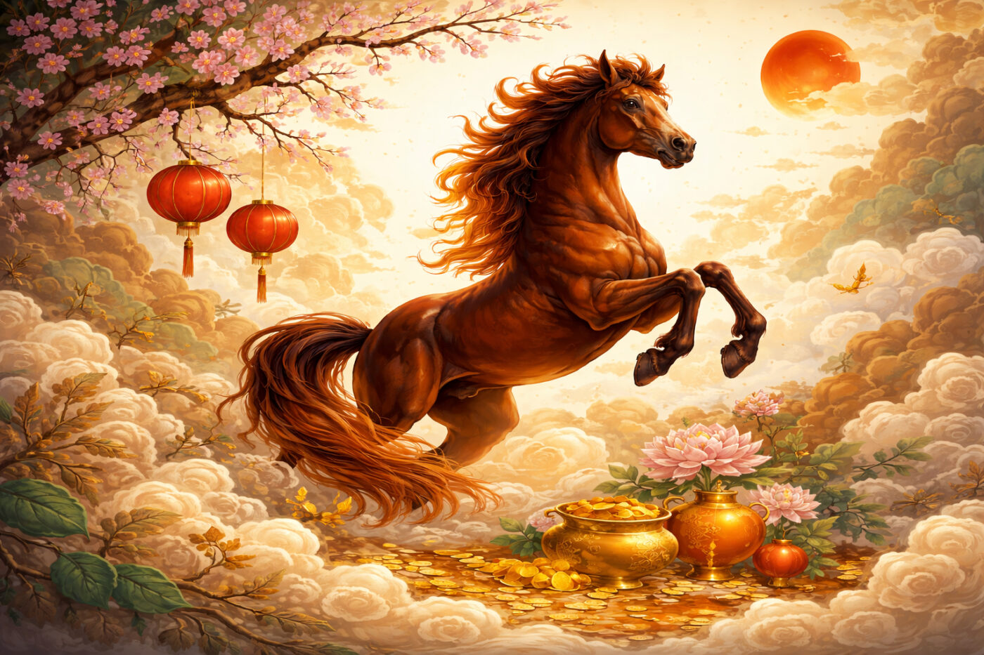 Illustratie van het Chinese sterrenbeeld Paard met een krachtig steigerd paard tussen wolken, lantaarns en symbolen van geluk