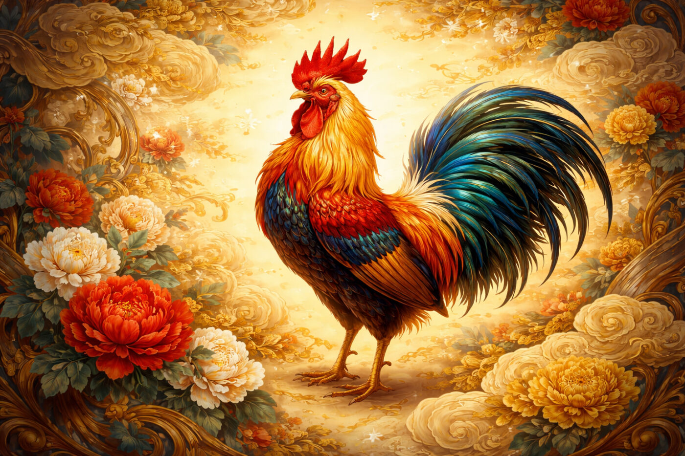 Illustratie van het Chinese sterrenbeeld De Haan met kleurrijke haan en traditionele Chinese symboliek