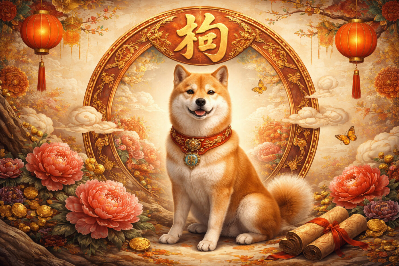 Chinese sterrenbeeld Hond afgebeeld als loyale hond in traditionele Chinese stijl met warme kleuren en symboliek