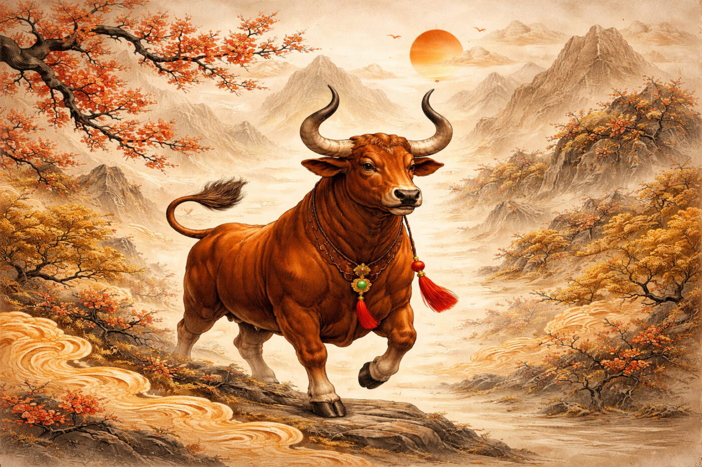 Chinese sterrenbeeld Os illustratie in traditionele stijl met bergen, bloesem en zon