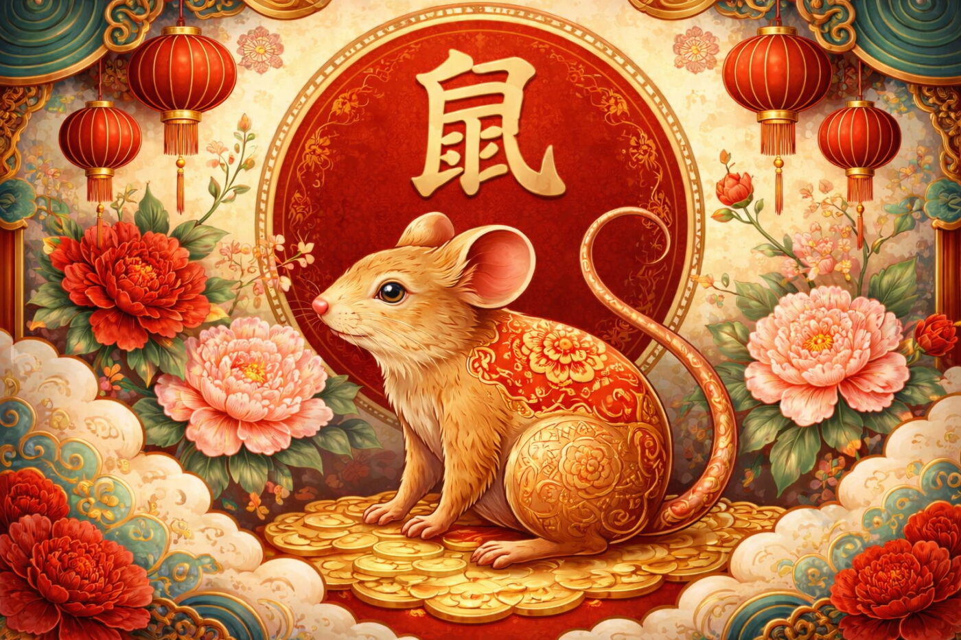 Illustratie van het Chinese sterrenbeeld de Rat met traditionele rode en gouden details, munt met gelukssymbool en bloemen als decor.