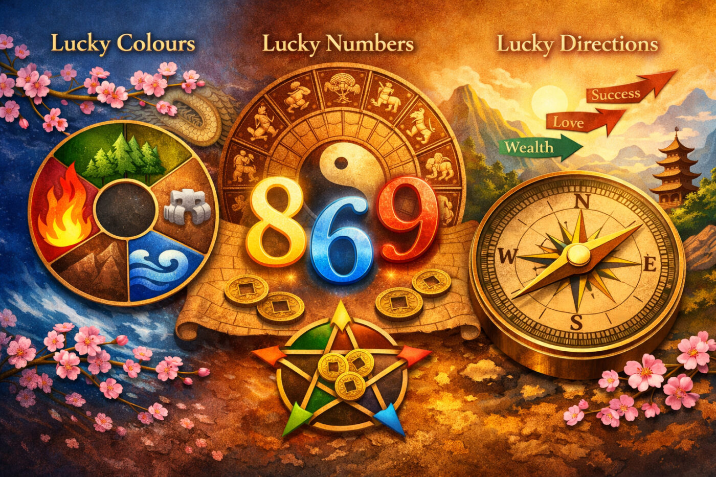 Illustratie van lucky colours, lucky numbers en lucky directions binnen de Chinese astrologie en Feng Shui, met elementen, kompas en geluksgetallen